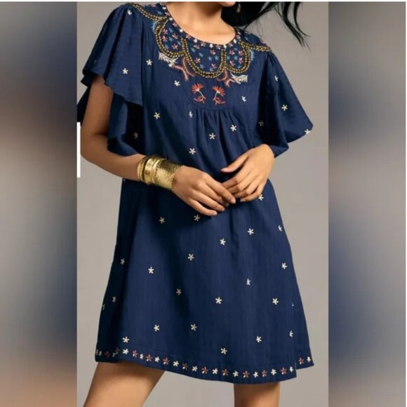 Anthropologie Embroidered Beaded Mini Dress Oversized size XS - Picture 1 of 9